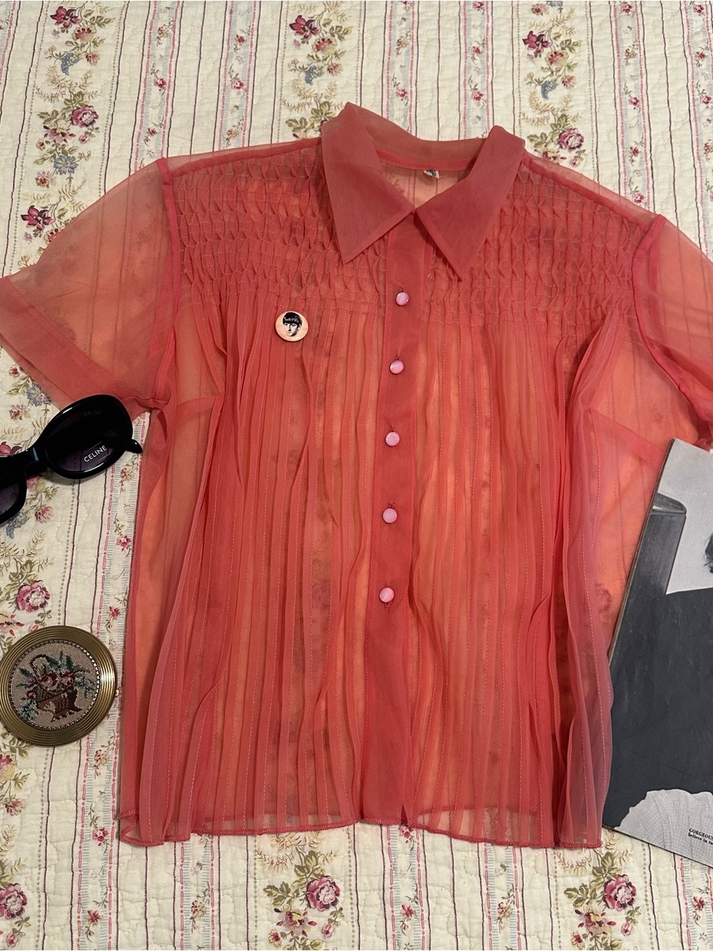 Vintage 1950s Judy Bond Sheer Coral Nylon Smocked Pintuck Rockabilly Pinup S M